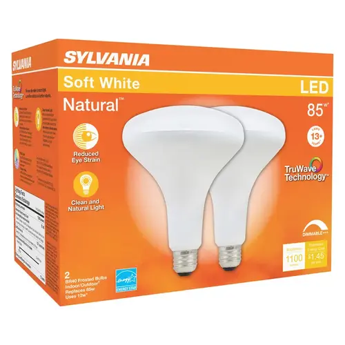 Sylvania 40785 Natural LED Bulb, Spotlight, BR40 Lamp, 85 W Equivalent, E26 Lamp Base, Dimmable, Frosted Pair