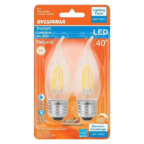 Sylvania 40792 Natural LED Bulb, Decorative, B10 Bent Tip Lamp, 40 W Equivalent, E26 Lamp Base, Dimmable, Clear Pair