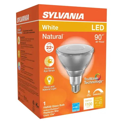 Sylvania 40901 Natural LED Bulb, Spotlight, PAR38 Lamp, E26 Lamp Base, Dimmable, Clear, Cool White Light Glass