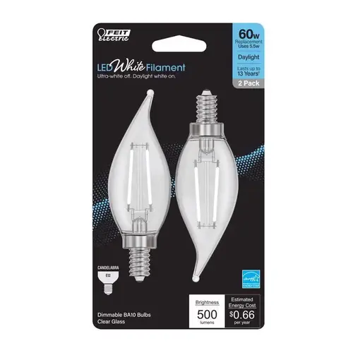 Feit BPCFC60950WFIL2 LED Flame Bulb BA10 E12 (Candelabra) Daylight 60 Watt Equivalence Clear