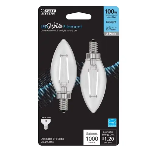Feit BPCTC100950WFL2 Filament LED Bulb B10 E12 (Candelabra) Daylight 100 Watt Equivalence Clear