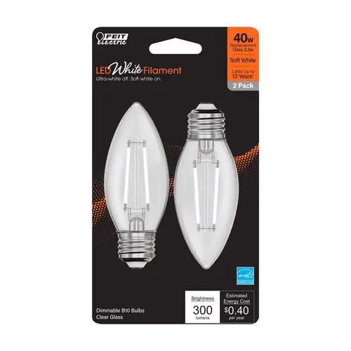 Feit BPETC40927WFIL2 Filament LED Bulb B10 E26 (Medium) Soft White 40 Watt Equivalence Clear