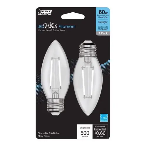 Feit BPETC60950WFIL2 Filament LED Bulb B10 E26 (Medium) Daylight 60 Watt Equivalence Clear