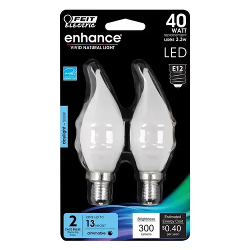 Feit Electric BPCFF40950CAFL2 LED Light Bulb, Decorative, Flame Tip Lamp, 60 W Equivalent, E12 Lamp Base, Dimmable - Pair Frosted