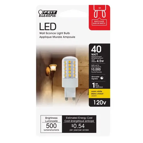 Feit Electric G940/830/LED-XCP6 LED Bulb, Specialty, Wedge Lamp, 40 W Equivalent, G9 Lamp Base, Dimmable, Clear - pack of 6