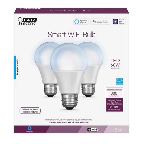 Feit Electric OM60/950CA/AG/3 LED Smart WiFi Bulb A19 E26 (Medium) Daylight 60 W Daylight