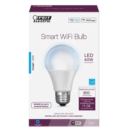 Feit Electric OM60/950CA/AG Smart Bulb, 9 W, Wi-Fi Connectivity: Yes, Voice Control, E26 Medium Lamp Base Frosted