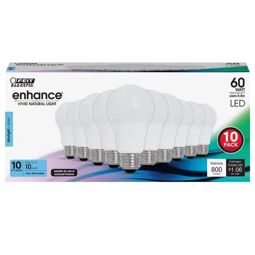Feit Electric OM60/950CA10K/10 LED Lamp, General Purpose, A19 Lamp, 60 W Equivalent, E26 Lamp Base, Daylight Light - pack of 10