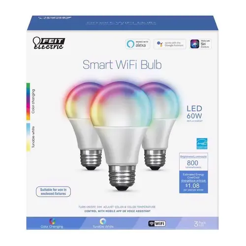 Feit Electric OM60RGBWCAAG3 LED Smart WiFi Bulb A19 E26 (Medium) Color Changing 60 W Clear