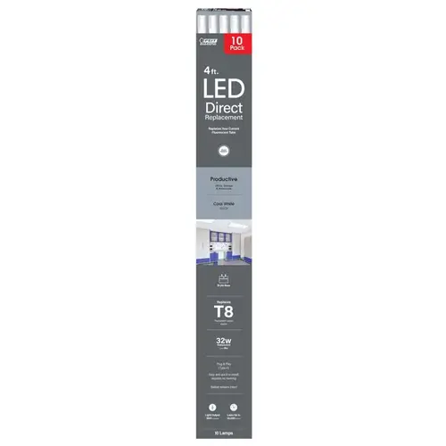 Feit Electric T848840LEDG210 Plug and Play Tube, 120 to 277 V, 18 W, LED Lamp, 1800 Lumens Lumens, 4100 K Color Temp White - pack of 10