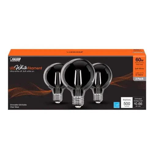 Feit G2560927CAWFIL3 Filament LED Bulb White Filament G25 E26 (Medium) Soft White 60 Watt Equivalence Clear