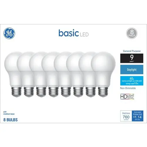 GE 46779 GE LED Light Bulb, A19 Lamp, 60 W Equivalent, E26 Medium Screw-In Lamp Base, No, Frosted, Daylight - pack of 8