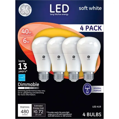 GE 67607 LED Bulb A19 E26 (Medium) Soft White 40 Watt Equivalence Clear