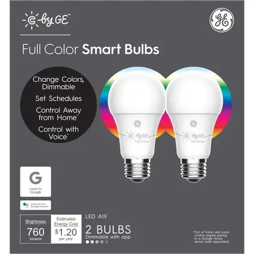 GE 93106796 LED Smart Bulb A19 E26 (Medium) Color Changing 60 W White Pair