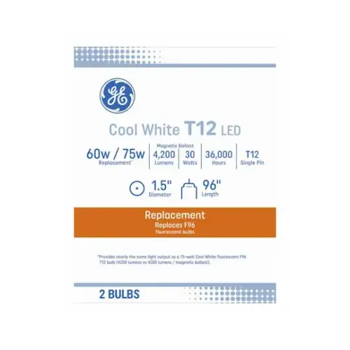 GE 93132046 LED Linear Light Bulb, Cool White, T12 Shape, Single-Pin Base, 30 Watts, 96 In pair