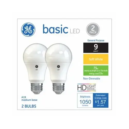 GE Lighting 37015 LED Light Bulbs, A19, Soft White, 1050 Lumens, 13-Watts Pair