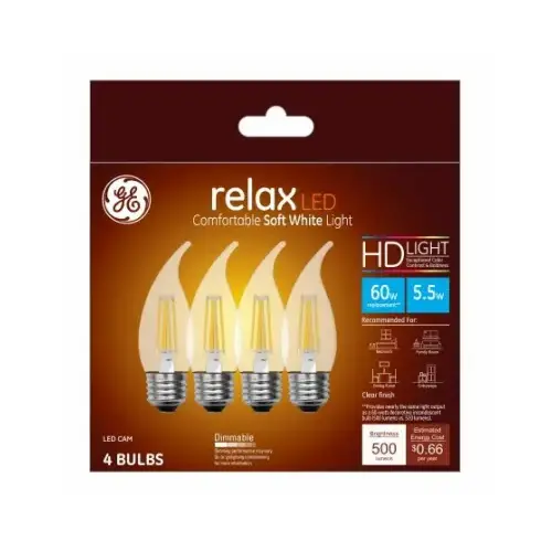 GE Lighting 43255 LED Chandelier Light Bulbs, Candle Shape, Medium Base, Soft White, 500 Lumens, 5.5-Watts - pack of 4