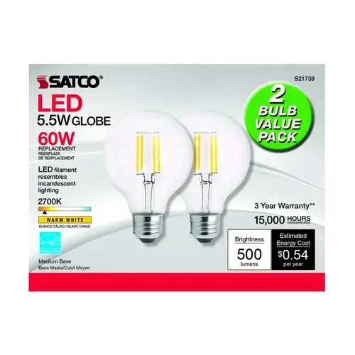 Satco S21245 LED Bulb G25 E26 (Medium) Warm White 60 Watt Equivalence Clear Pair
