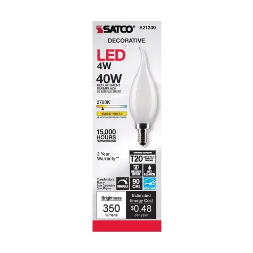 Satco S21300 Filament LED Bulb CA10 E12 (Candelabra) Warm White 40 Watt Equivalence Frosted