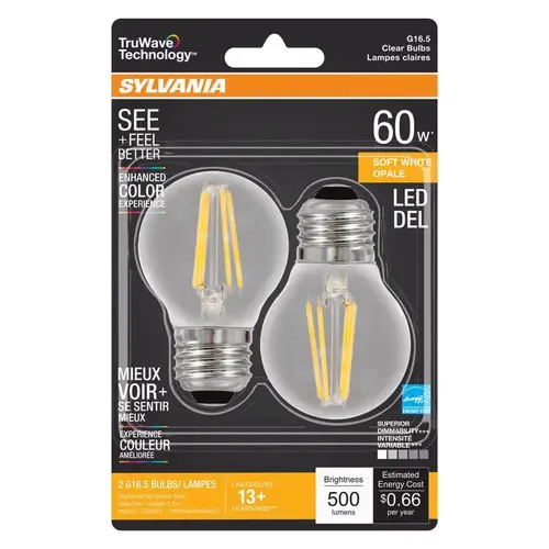 Sylvania 40850 Natural LED Bulb, Globe, G16.5 Lamp, 60 W Equivalent, E26 Lamp Base, Dimmable, Clear, Soft White Light - pack of 2