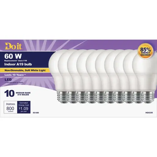 Do it 362038 60W Equivalent Soft White A19 Medium LED Light Bulb - pack of 10
