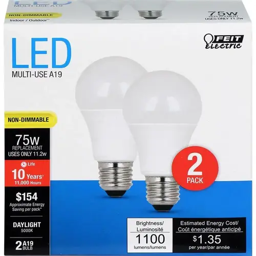 Feit Electric A110085010KLED2 2 LED Lamp, General Purpose, A19 Lamp, 75 W Equivalent, E26 Lamp Base, Daylight Light Pair Clear
