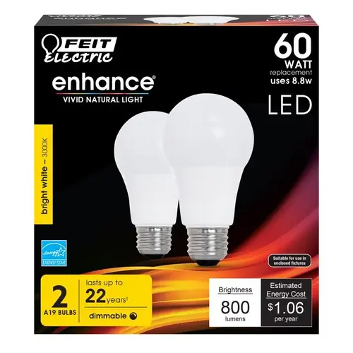 Feit Electric OM60DM/930CA/2 LED Bulb Enhance A19 E26 (Medium) Warm White 60 W Clear Pair