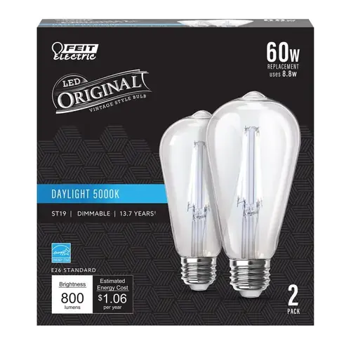 Feit Electric ST1960/CL950CA2 Filament LED Bulb ST19 E26 (Medium) Daylight 60 W Clear Pair