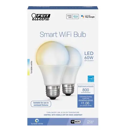 Feit OM60/CCT/CA/AG LED Bulb A19 E26 (Medium) Smart-Enabled Adjustable White 60 Watt Equivalence Clear