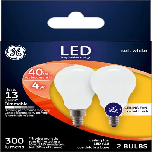GE 33631 LED Bulb A15 E12 (Candelabra) Soft White 40 W Frosted Pair