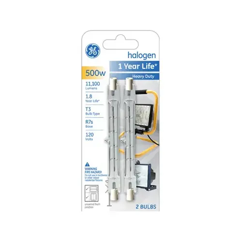 GE 85048 Halogen Bulb Quartzline 500 W T3 Tubular 11100 lm Warm White Clear Pair