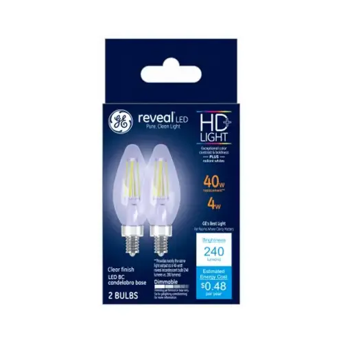 GE Lighting 31889 Reveal HD  Decorative LED Light Bulbs, Candelabra-Base, Clear, Dimmable, 240 Lumens, 4-Watts Pair