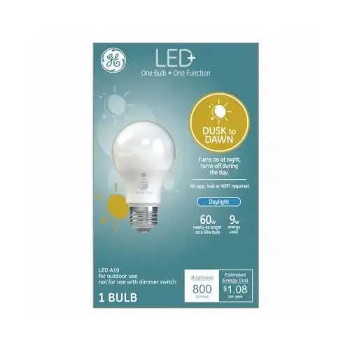GE Lighting 93128969 LED Light Bulb, Dusk to Dawn, A19, Outdoor Use, 9 Watts