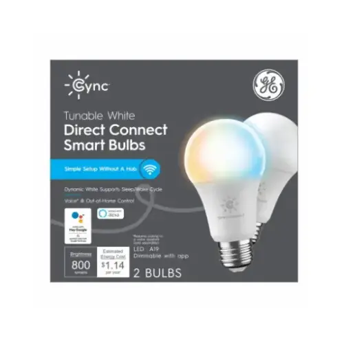 GE Lighting 93128974 Cync Smart LED Light Bulb, Dimmable, Tunable Soft White Color Supports Sleep, A19, 9.5-Watts - pair