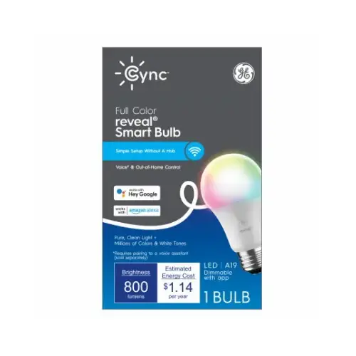 GE Lighting 93130124 Cync reveal Full Color LED Smart Light Bulb, A19 Shape, Medium Base, 800 Lumens, 9.5 Watts