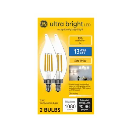 GE Lighting 93131751 LED Candle-Shape Ultra Bright Light Bulbs, Candelabra Base, Soft White, 8 Watt - pair