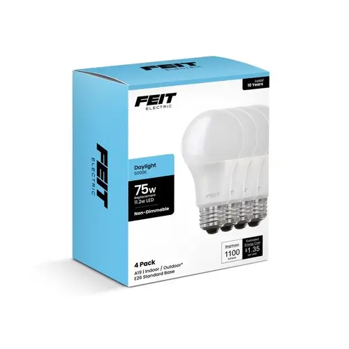 Feit A110085010KLED4 LED Bulb A19 E26 (Medium) Daylight 75 Watt Equivalence Daylight
