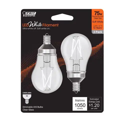 Feit BPA1575C927WFL2 Filament LED Bulb White Filament A15 E12 (Candelabra) Soft White 75 Watt Equivalence Clear