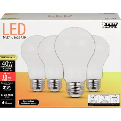 Feit Electric A45082710KLED/4 LED Lamp, General Purpose, A19 Lamp, 40 W Equivalent, E26 Lamp Base, White - pack of 4