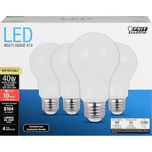 Feit Electric A45085010KLED/4 LED Lamp, General Purpose, A19 Lamp, 40 W Equivalent, E26 Lamp Base, White - pack of 4