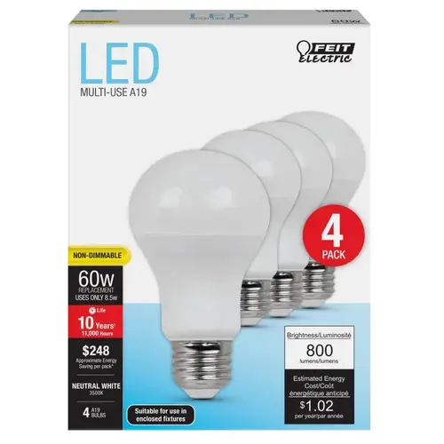Feit Electric A800/83510KLED4 LED Lamp, General Purpose, A19 Lamp, 60 W Equivalent, E26 Lamp Base, Neutral White Light Clear - pack of 4