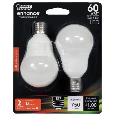 Feit Electric BPA1560N/927CA2 LED Bulb, General Purpose, A15 Lamp, 60 W Equivalent, E26 Lamp Base, Dimmable, White Pair