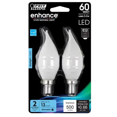 Feit Electric BPCFF60950CAFL2-XCP6 LED Light Bulb, Decorative, Flame Tip, 60 W Equivalent, Candelabra Lamp Base, Dimmable - Pair Frosted - 2 per pack x6 packs