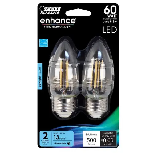 Feit Electric BPETC60950CAFL2 LED Bulb, Decorative, B10 Lamp, 60 W Equivalent, E26 Lamp Base, Dimmable, Daylight Light Pair Clear
