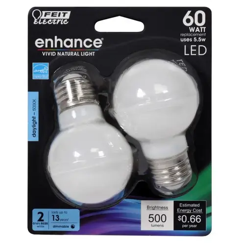 Feit Electric BPGM60950CAFL2R Filament LED Bulb Enhance G16.5 E26 (Medium) Daylight 60 W Frosted Pair