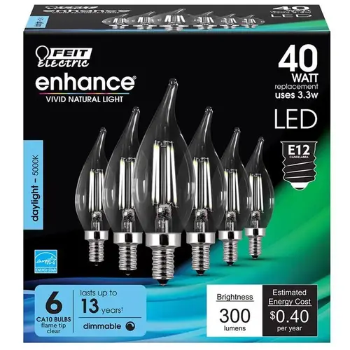 Feit Electric CFC40950CAFIL6-XCP4 LED Bulb, Decorative, B10 Lamp, 60 W Equivalent, E12 Lamp Base, Dimmable - pack of 24