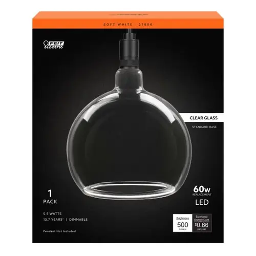 Feit RNDCL927CAWFIL Filament LED Bulb G63 E26 (Medium) Soft White 60 Watt Equivalence Clear
