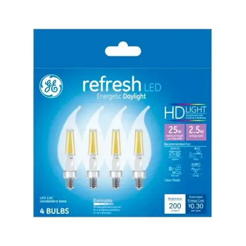 GE Lighting 45567 LED Chandelier Light Bulbs, Candle Shape, Clear DayChandelier Light, 200 Lumens, 2.5-Watts - pack of 4