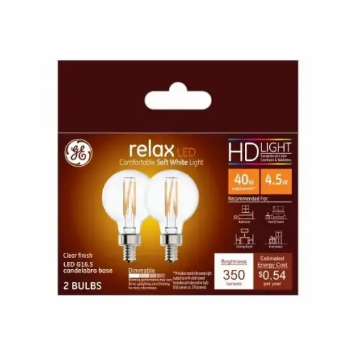 GE Lighting 45695 LED Globe Light Bulbs, Clear Soft White, 350 Lumens, 4.5-Watts Pair