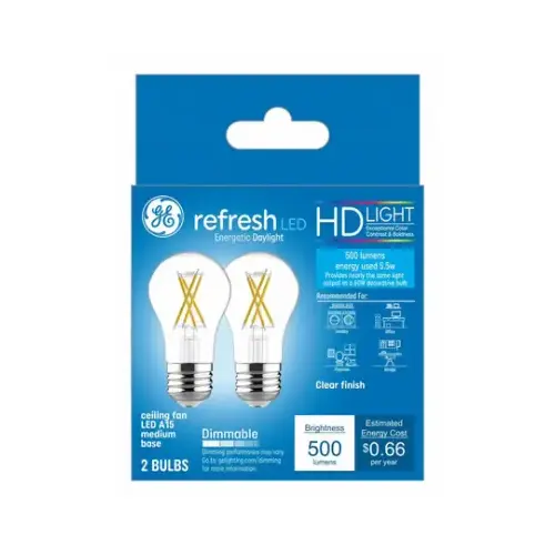 GE Lighting 46661 LED Ceiling Fan Light Bulbs, A15, Daylight, 500 Lumens, 5.5-Watts Pair